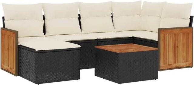 vidaXL 7-tlg Garten-Sofagarnitur aus Poly-Rattan und Akazienholz in Schwarz mit Kissen - Bild 1