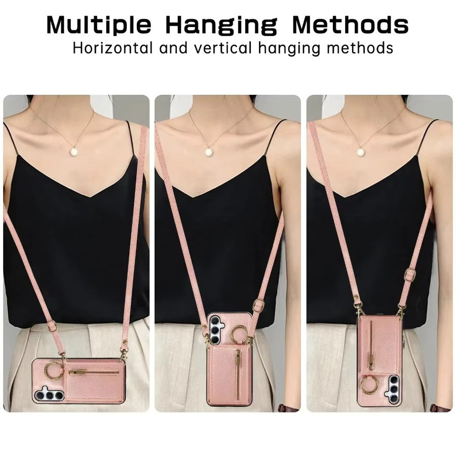 Leder-Crossbody-Handyhülle für Samsung Galaxy S24 S25 S26 Ultra S23 FE S22 S21 Plus A57 A37 A56 A36 A16 mit Kartenhalter und Brieftasche in Braun und Pink - Bild 2