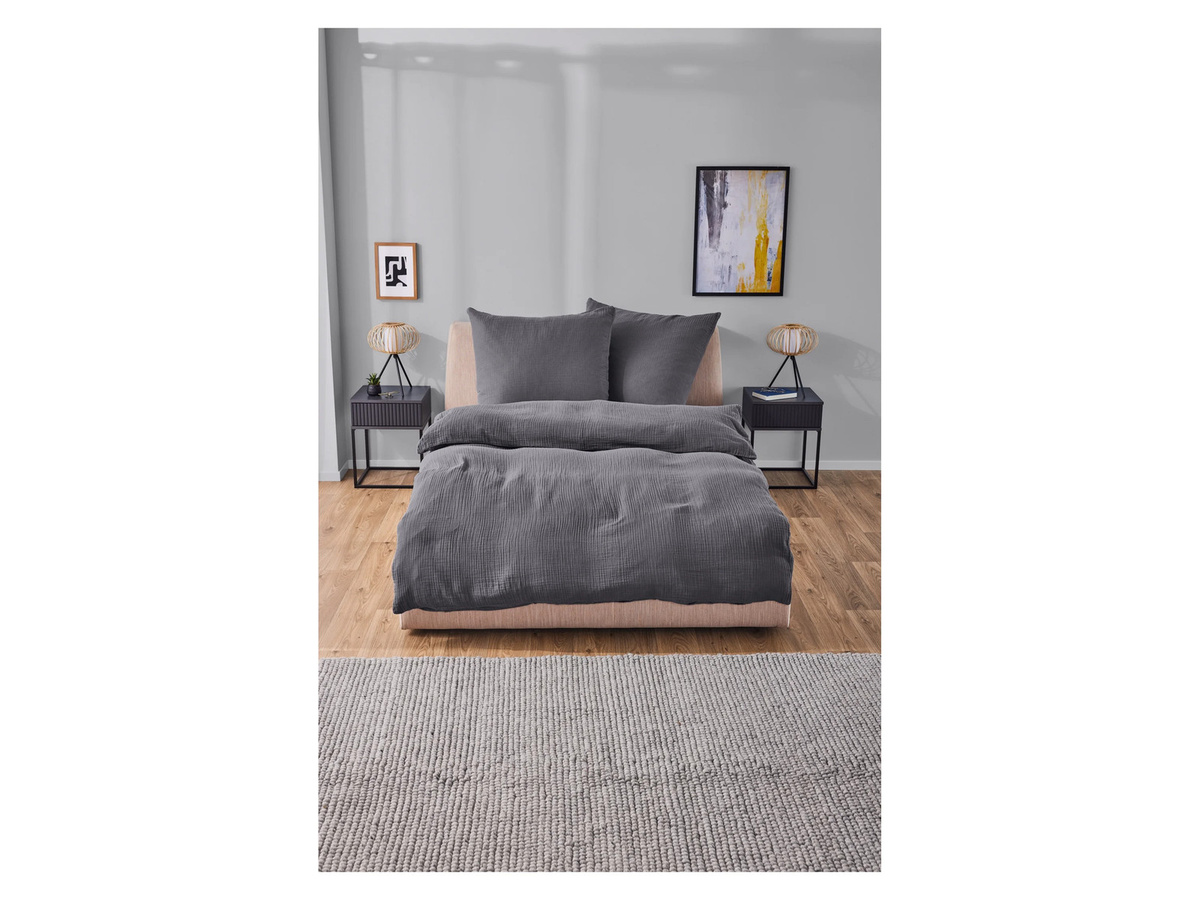 LIVARNO HOME Musselin-Bettwäsche aus Baumwolle, Grau, B/H: 200 x 220 cm mit 2 Kissenbezügen (80 x 80 cm) - Bild 2