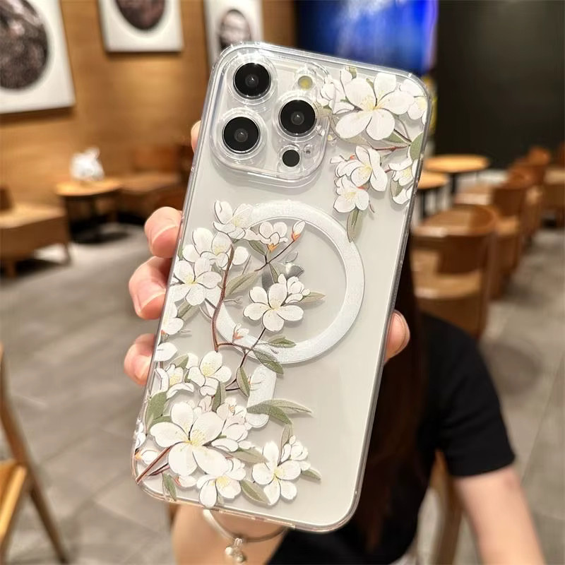 MagSafe magnetische Handyhülle mit Blumenmuster für iPhone 11 bis 16 Pro Max, Transparent, Soft TPU Cover - Bild 2