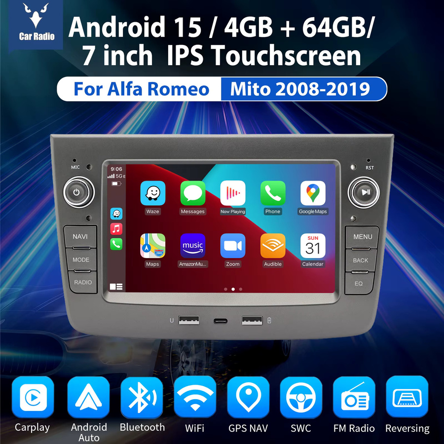 ESSGOO Android 15 Carplay und Android Auto Autoradio für Alfa Romeo Mito 08-19 mit 7 Zoll Display, 4GB RAM + 64GB Speicher, GPS, Bluetooth, WiFi und USB in Schwarz - Bild 2
