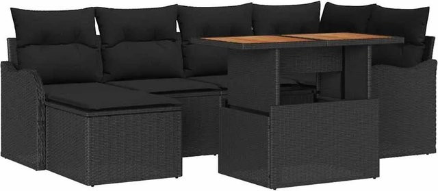 vidaXL Garten-Sofa-Set 7-teilig in Schwarz mit Kissen, L-Form mit Couchtisch und Ottoman, wetterfestes Outdoor-Möbelset aus Metall und Akazienholz - Bild 1
