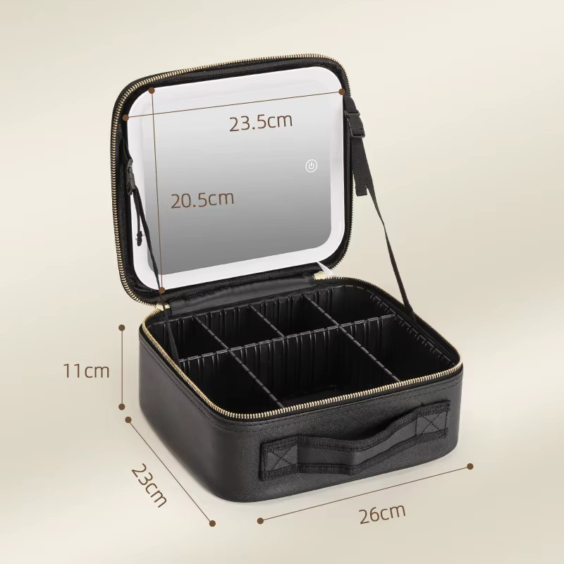 Make-up-Reise-Etui mit LED-beleuchtetem Spiegel und 3-farbigen Einstellungen in Schwarz mit verstellbaren Trennwänden - Bild 3