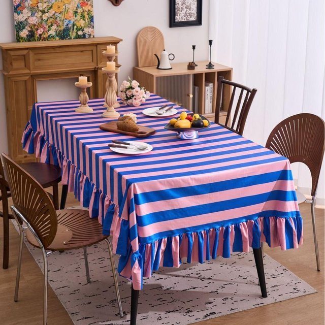 JINGYUE Pet Gestreifte Rund Tischdecke mit Rüschen und Spitze in Blau, Durchmesser: 100 cm - Bild 1