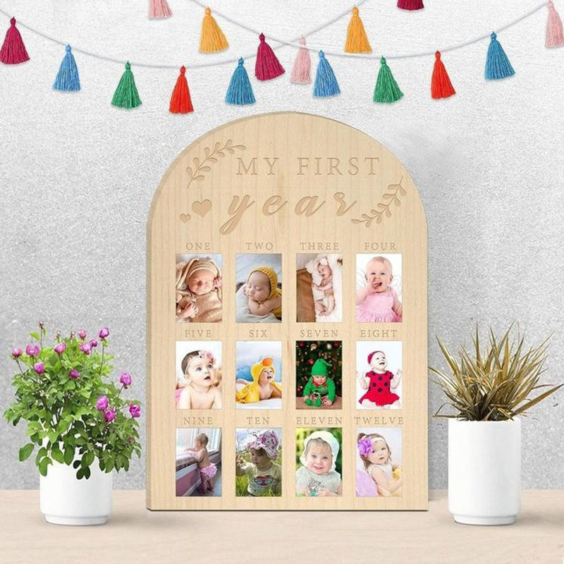 Fotodisplay Mein erstes Jahr Meilensteinbrett aus Holz in Hellgrau für Baby-Bilderrahmen zum 1. Geburtstag, B/H: 43,18 x 30,48 cm - Bild 1