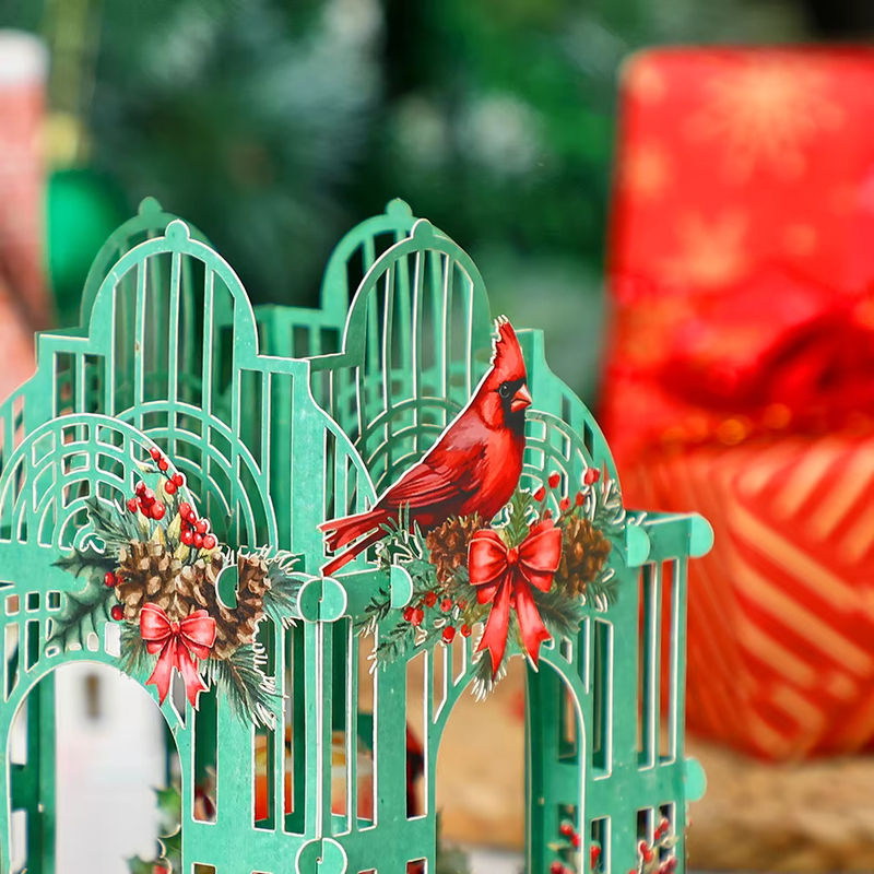 Weihnachtsstern 3D Box Mosailles mit Cardinalis Vogel in Grün, Vintage Papier-Dekoration mit Sternen und floralen Elementen - Bild 5