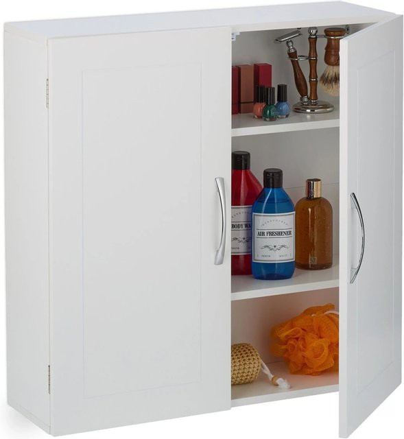 Relaxdays Bad-Hängeschrank aus MDF und Metall in Weiß und Silber mit 2 Türen und höhenverstellbaren Regalböden, B/T/H: 60 x 20 x 60 cm - Bild 1