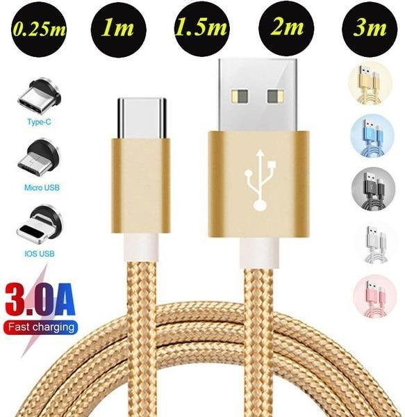 Schnelllade-USB-Kabel aus geflochtenem Nylon mit Micro-USB und USB-C Anschluss in Rose Gold, 3m Länge - Bild 1