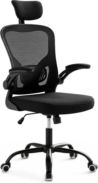 Relaxdays Ergonomischer Bürostuhl Schwarz aus Kunststoff und Metall mit Kopfstütze, Armlehnen und Rollen, Höhenverstellbar und Drehbar, B/T/H: 64 x 73 x 117 cm - Bild 1