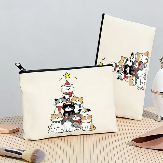 Kreative Leinwand Tasche mit Katzen- und Hundemotiv für Weihnachten als Tragbare Stifte und Zubehör Tasche in Weiß - Bild 1