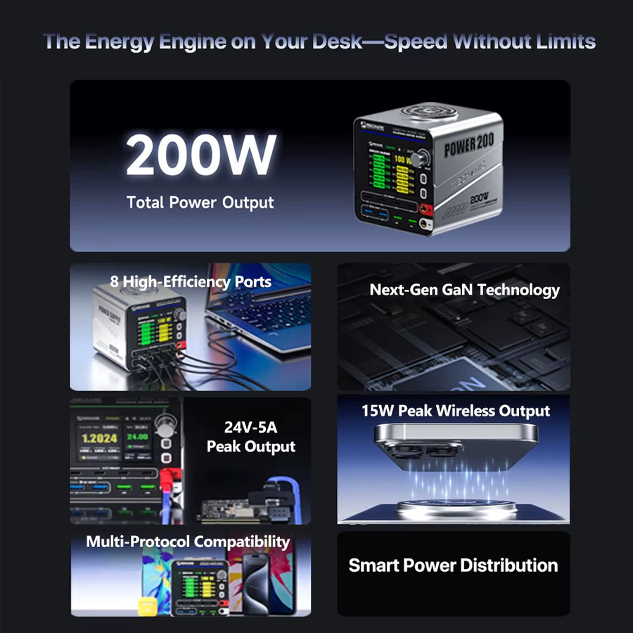 MECHANIC Power 200 Multi-Port Schnellladegerät mit einstellbarem Netzteil 200W für Smartphone- und Tablet-Reparaturen - Bild 2