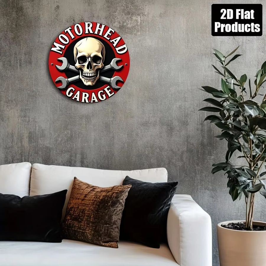Rundes Wandschild Potdemiel im Vintage-Stil mit Motorrad-Schädel-Motiv aus Aluminium und Metall - Bild 6