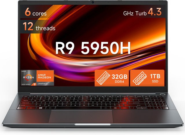 SUXI Notebook mit 15,6 Zoll 90 Hz Display, AMD R9-5950H, 32 GB RAM, 512 GB SSD, Windows 11, Schwarz - Bild 1