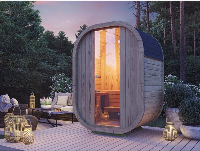 Fjordholz Fass-Sauna Modell Luxe Micro Bausatz aus nordischem Thermoholz und Espenholz in Braun - Bild 1