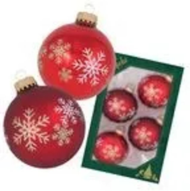 Krebs Glas Lauscha GmbH Christbaumkugeln mit Schneeflockendekor aus Glas, rot, 4 Stück, Durchmesser: 7 cm - Bild 1