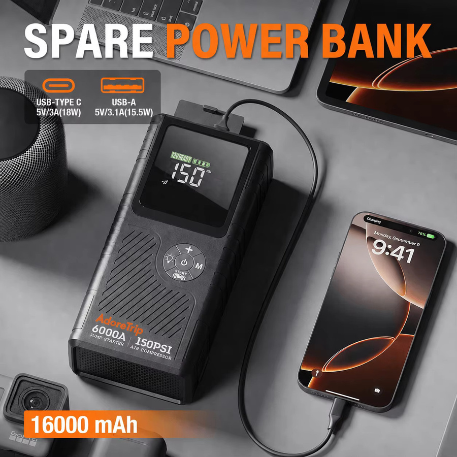 AdoreTrip Auto Starthilfe Powerbank 16000mAh mit Luftkompressor, 6000A Batterie Booster für PKW und SUV, Schwarz - Bild 5