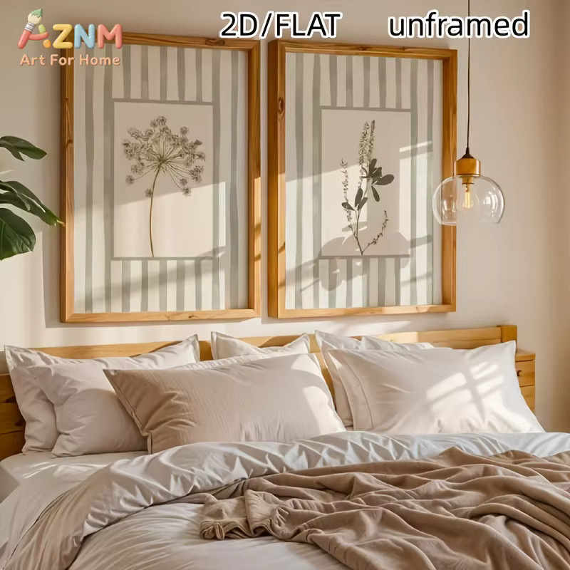 AZNM Botanisches Leinwand-Wandbild mit floralem Streifenmuster in Salbeigrün, minimalistisches Poster für Wohnzimmer und Schlafzimmer, ungerahmt - Bild 1