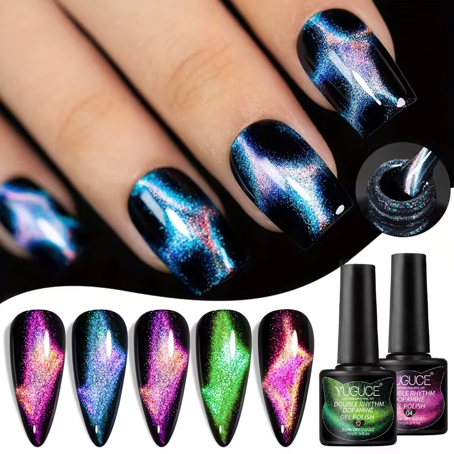 YUGUCE Starlit Cat Eye Gel - 02 + Super Black Nagellack-Set, schimmernd - Bild 5