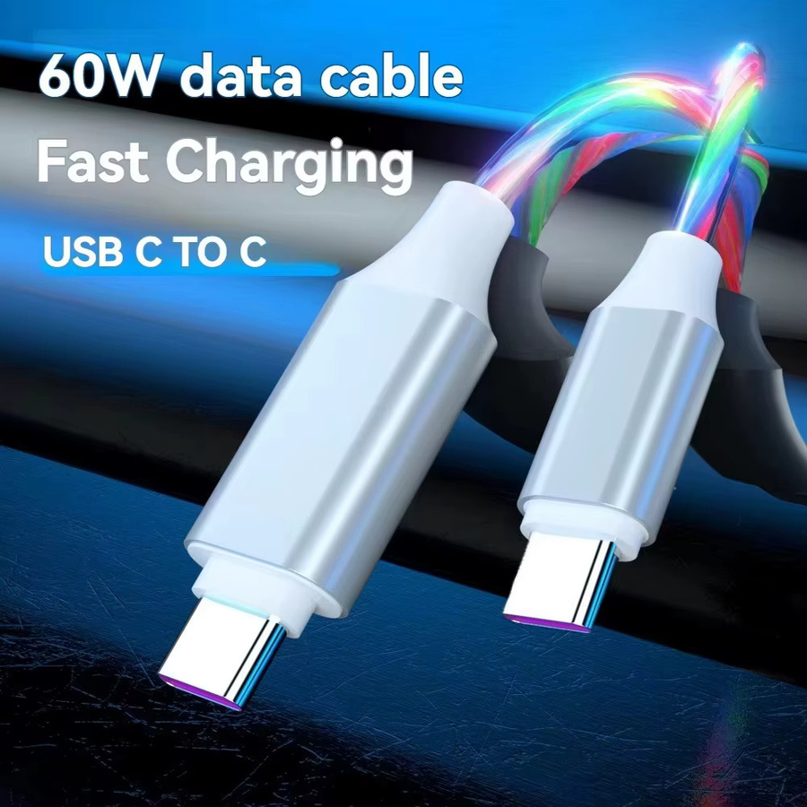 VBVC USB-C auf Typ-C Schnellladekabel mit 60W und fließendem LED-Licht in Multicolour für Samsung, Xiaomi, Huawei und iPhone 15 16 17 Pro Max - Bild 2