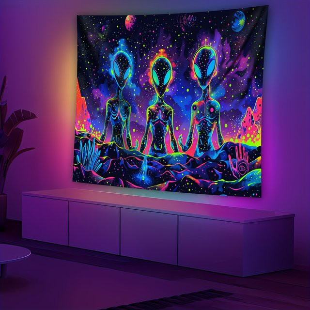 VIKAMA Alien Wandteppich Blue-Eyed Alien mit Psychedelic Sternenhimmel in Blau und Multicolour, B/H: 75 x 58 cm - Bild 1