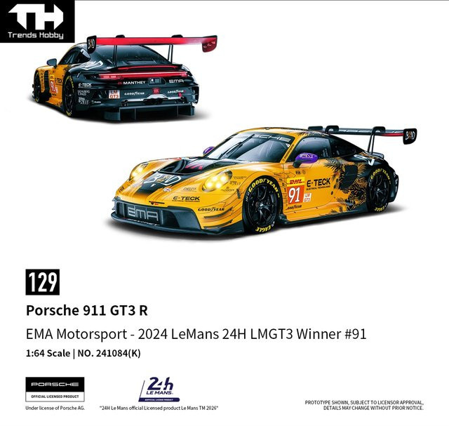 Trends Hobby Porsche 911 GT3 R 2024 LeMans 24H LMGT3, Miniaturmodell, 1:64, Gelb - Bild 1