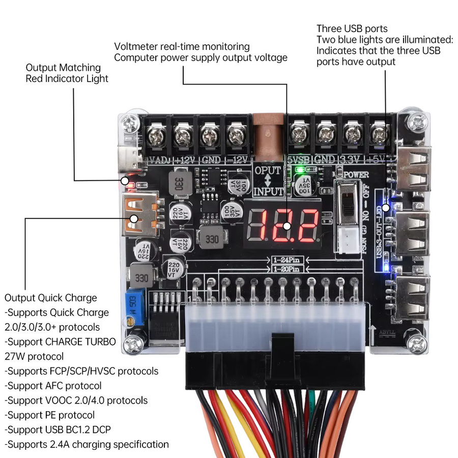 Diymore ATX Power Adapter Board mit einstellbarer Spannung, rotem Digital Display und USB-C Unterstützung für PD 2.0/PD 3.0, 20/24 Pin Modul in Rot und Schwarz - Bild 5