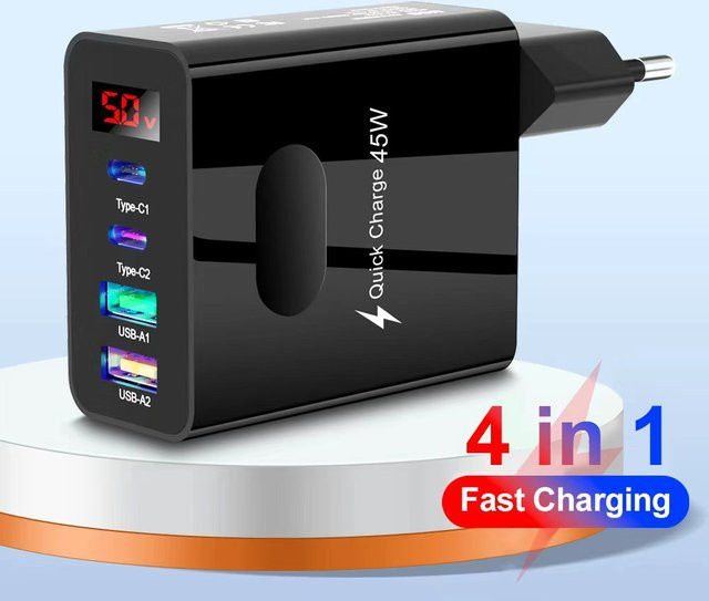 GUSEYEE 4-Port USB Typ C Ladegerät mit Digital Display, Quick Charge 3.0 und PD für Xiaomi, iPhone und Samsung, Schwarz - Bild 1
