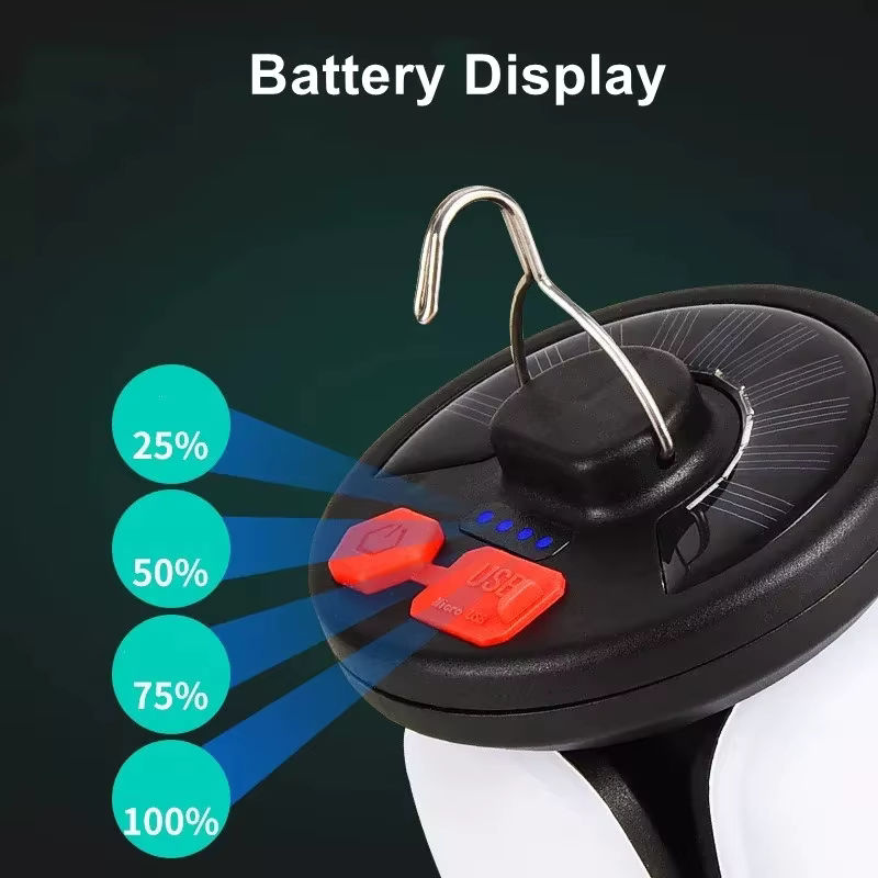 XIWANGFIRE LED Camping Lampe mit Solar- und USB-Funktion, wiederaufladbare Außenbeleuchtung für Zelt, Angeln und Notfälle, Schwarz/Weiß - Bild 3