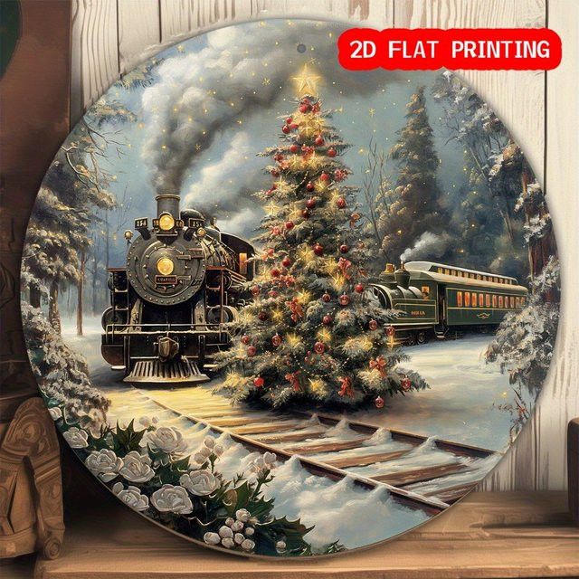 Potdemiel Vintage Polar Express Rundes Aluminiumschild als Weihnachts-Wanddekoration mit Baumszene, Durchmesser: 20,3 cm - Bild 1