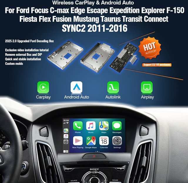 AUTOTOP Kabelloser Apple CarPlay und Android Auto Decoder für Ford SYNC 2 mit AirPlay, MirrorLink und Bluetooth zur Nachrüstung für Focus, Kuga, Mondeo, C-Max, S-Max, Galaxy, Mustang, Edge und Explorer - Bild 1