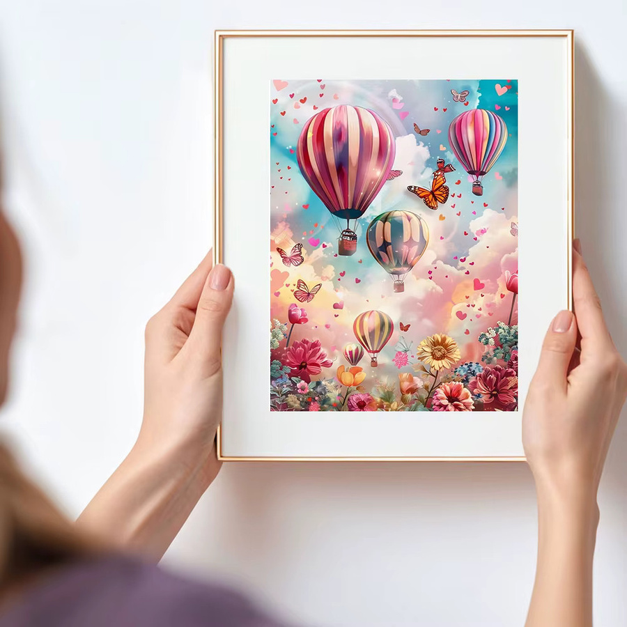 Huacan Diamant-Gemälde Heißluftballon und Blumen als Landschafts-Mosaik in Mehrfarbig mit runden Steinen - Bild 3