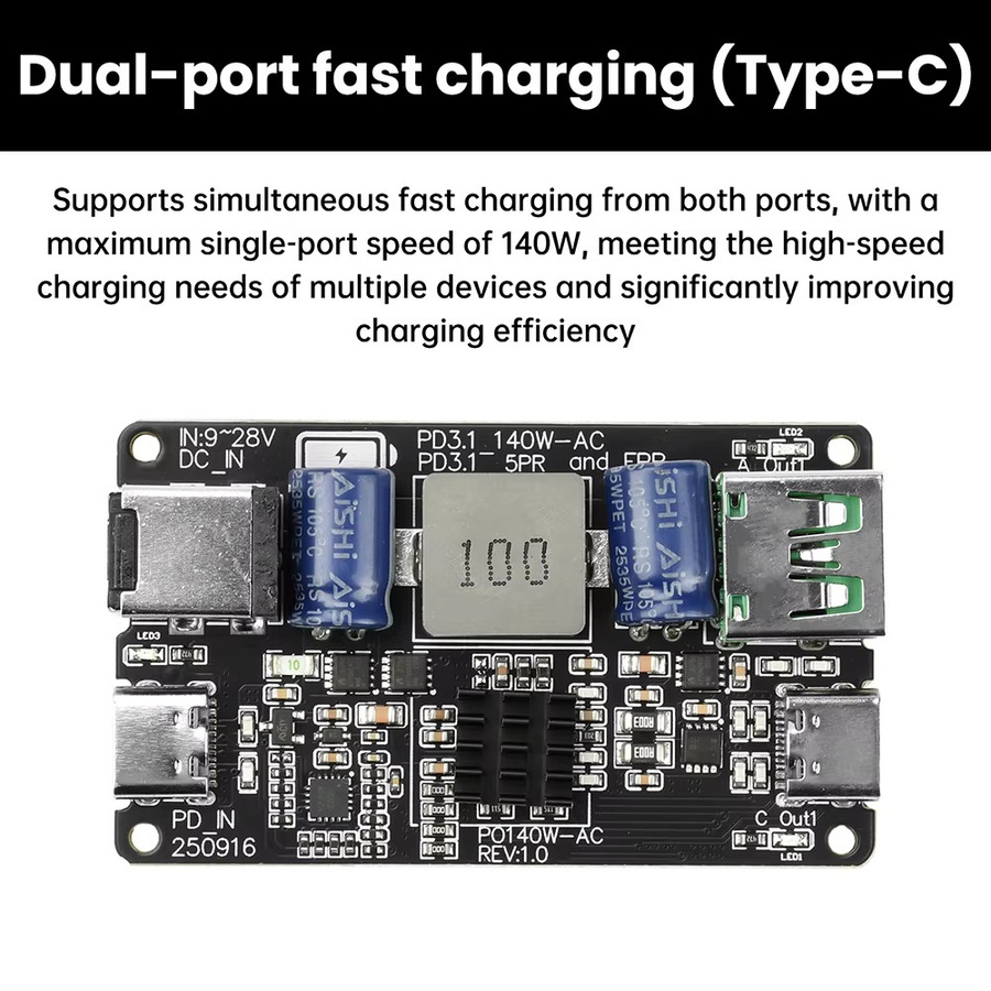Aideepen PD 140 W Hochleistungs-DC-Buck-Schnelllademodul mit Dual-Port USB-C und USB-A, Vollprotokoll-Schnellladung PD3.1 QC3.0 QC4+ in Schwarz - Bild 2