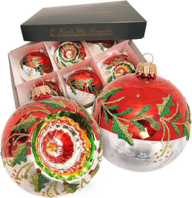 Krebs Glas Lauscha Weihnachtskugeln Reflexset Ilex Rot, Glas, Durchmesser: 8 cm - Bild 1