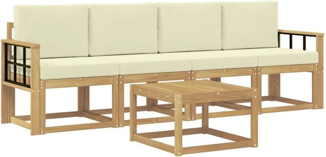 vidaXL 5-tlg. Outdoor-Sofagarnitur mit Kissen aus Akazienholz in Weiß und Beige - Bild 1