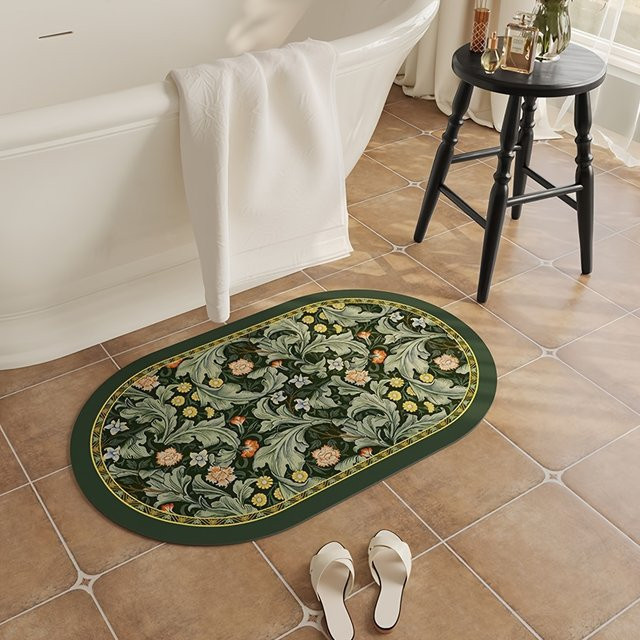 VIKAMA Badematte aus Kieselgur-Erde in Grün, ovale rutschfeste Bodenmatte, schnell trocknend und wasserabsorbierend, Design Nature Floral, Breite: 60,0 cm, Tiefe: 40,0 cm - Bild 1