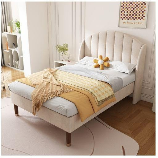 Gepolstertes Bett MUVOE aus Samt in Beige mit Lattenrost, Breite: 90 cm, Tiefe: 200 cm - Bild 1