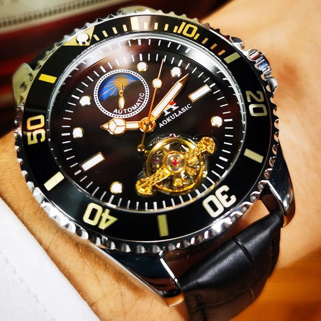 AOKULASIC Armbanduhr, Automatik, Skelett, Edelstahl, Leder, Herren - Bild 1