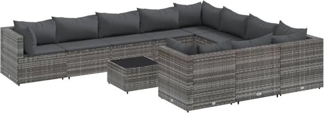 vidaXL 11-tlg Garten-Sofagarnitur in L-Form aus grauem Poly-Rattan mit Kissen und Couchtisch - Bild 1