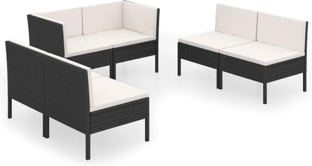 vidaXL 6-tlg Garten-Lounge-Set in L-Form aus Poly Rattan und pulverbeschichtetem Stahl, Schwarz, inklusive Auflagen und Kissen - Bild 1