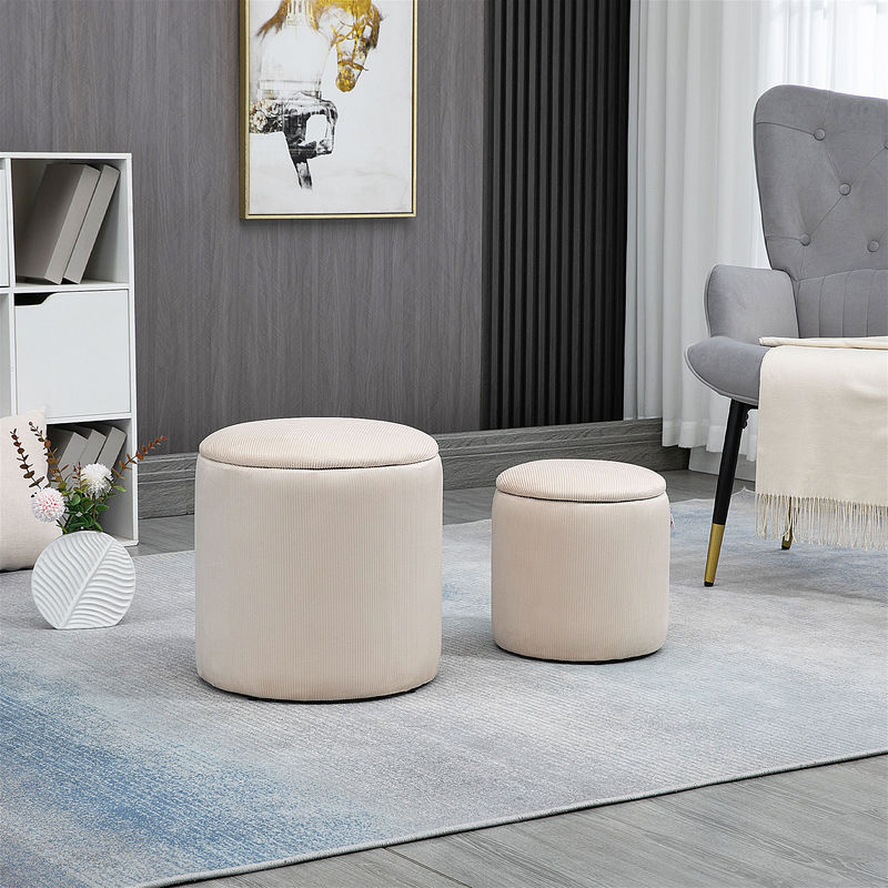 HOMCOM 2er Set Sitzhocker Ottomane mit Stauraum in Cordoptik Cremeweiß B/T/H: 40 x 40 x 41 cm - Bild 2