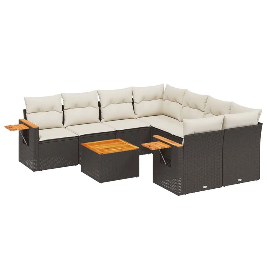 vidaXL 9-tlg Garten-Sofagarnitur in L-Form aus Poly-Rattan und Akazienholz mit Kissen in Schwarz und Cremeweiß - Bild 2