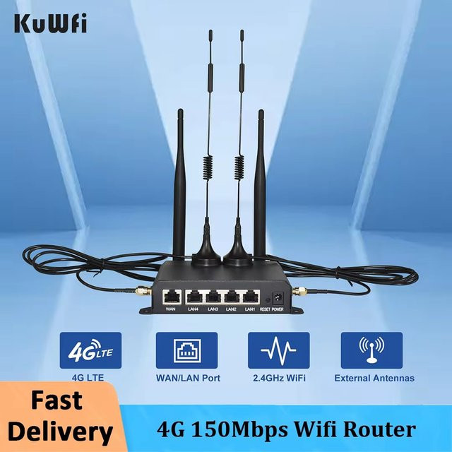 KuWFi 4G LTE WiFi Router CAT4 300Mbps mit 4 externen Antennen, RJ45 Port, VPN und DDNS, Schwarz - Bild 1