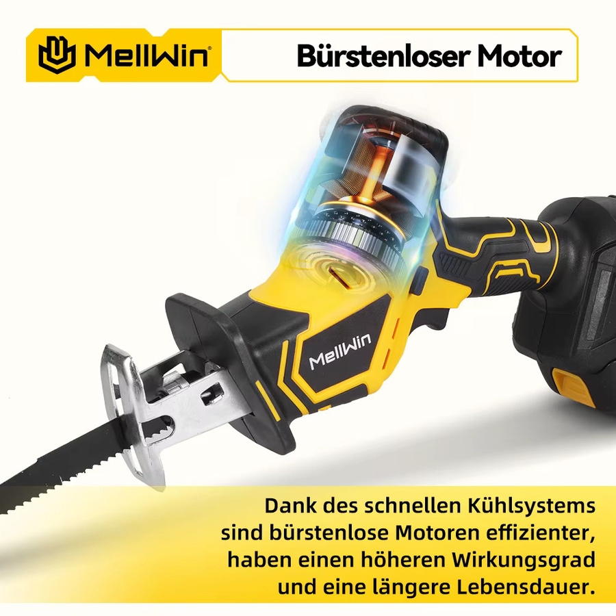 MELLWIN Bürstenlose elektrische Säbelsäge 3600W mit 12000SPM, kabelloses Multifunktions-Schneidewerkzeug für Metall und Holz, kompatibel mit Makita 18V LXT Akku, Gelb - Bild 4