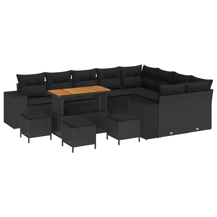 vidaXL Garten-Sofa-Set 13-teilig in Schwarz aus Poly-Rattan und Akazienholz mit Polstern in U-Form - Bild 2