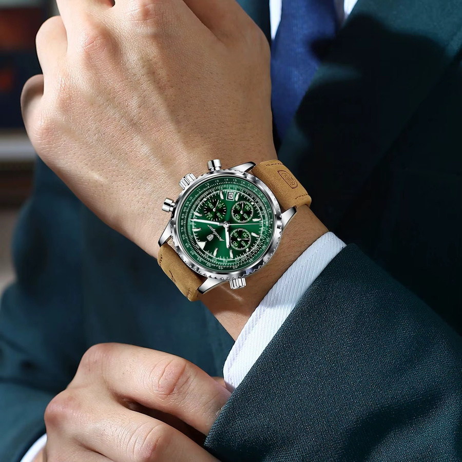 POEDAGAR Chronograph, Quarz, Leder, Herren, Grün, Silber - Bild 5