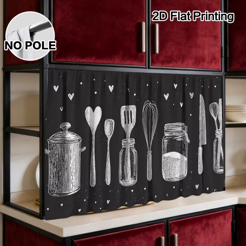 VIKAMA Küchen-Sichtschutzvorhang mit Valentinstag-Liebesmuster in Schwarz für Schränke und Spülenbereiche - Bild 5