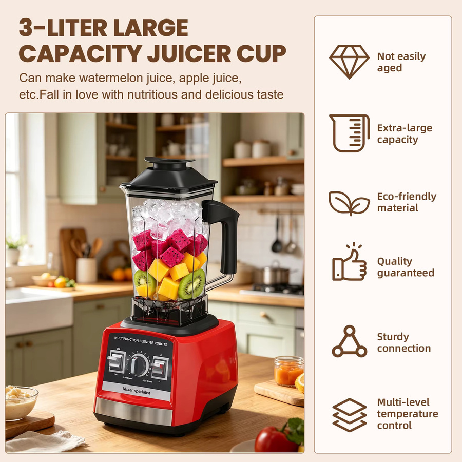 WUIETI 8-in-1 Multifunktionsmixer in Rot mit 9500W und 3L Kapazität, Küchenmaschine als Entsafter, Fleischzerkleinerer, Teigbereiter und Zitruspresse - Bild 2