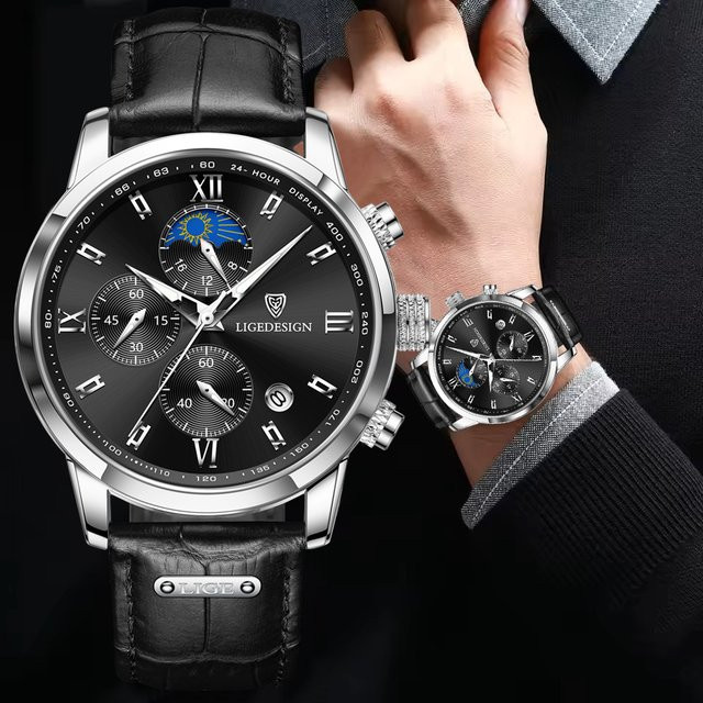 LIGE Armbanduhr, Leder, Mondphase, Quarz, Schwarz, Herren - Bild 1