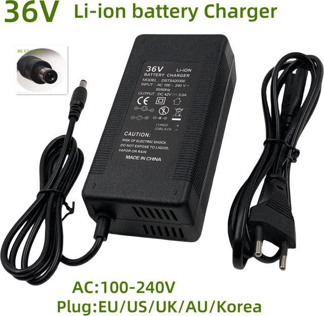 Jnenconn Li-Ion Akku Ladegerät 36V 37V mit 3A Ausgang und Lüfter, 42V Schnellladegerät für Lithium Batterien, DC5,5 Anschluss, Schwarz - Bild 1