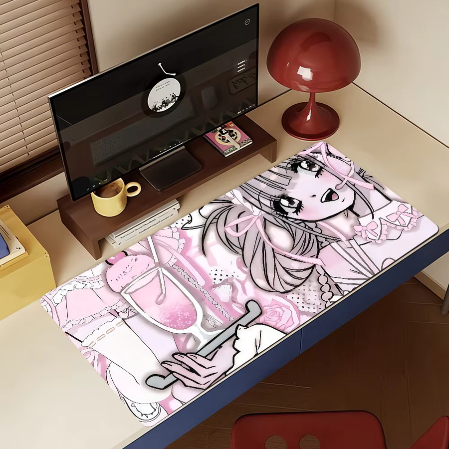 Niedliches Anime Girl Mauspad in Rosa, rutschfeste Schreibtischunterlage für PC und Laptop, XXL Gaming Schreibtischmatte aus Gummi - Bild 4